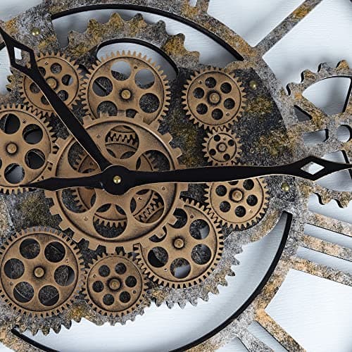 Lafocuse Horloge Murale Geante avec Engrenages Mobiles, Marron Industrielle Bois, Steampunk XXL Vintage Pendule Murale Retro, Chiffres Romains 57cm pour Salon Bar Bureau