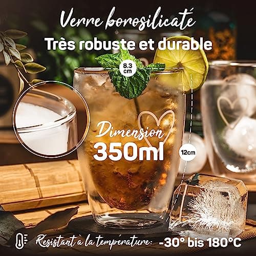 ElbFuchs® Tasses double paroi [4x 350ml] IDÉE CADEAU avec COEUR | Verre double paroi idéaux comme tasse cappuccino ou verre latte macchiato | Tasse à café original | Tasse transparente