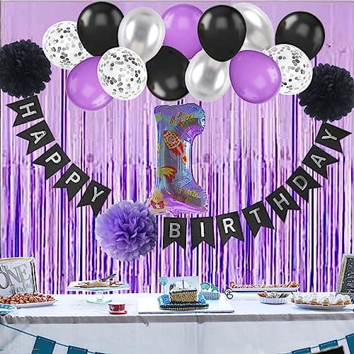 Décorations de fête de joyeux anniversaire noir violet et argent Fournitures de décoration de ballon avec bannière et rideau pour femmes hommes garçons filles 20th 30th 40th 50th 60th 70th Birthday
