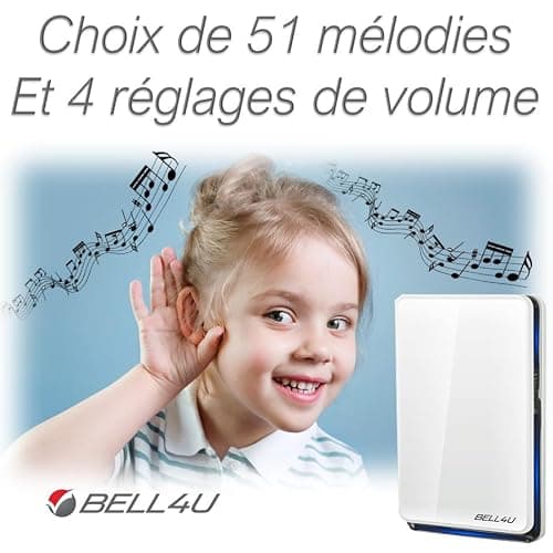 Bell4U Sonnette sans Fil Exterieur Etanche - 3 destinataires - Sonnette sans Fil Auto-alimentée 100 m, Sonnette électronique étanche IP65, Carillon Lumineux LED, 52 mélodies, 4 Niveaux de Volume
