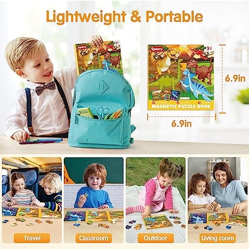 SYNARRY Puzzle Dinosaures Magnetique Enfants 3 4 5 6 Ans, 20 Piéces de Puzzle Voyage, Jouet pour Garçon Fille Avion Voiture Enfant 3 à 8 Ans