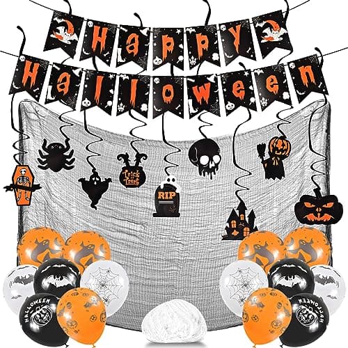 Décoration de Fête Halloween, 25PCS Articles Halloween, Halloween Décoration Effrayante avec Toile d'araignée, Deco Guirlande, Ballons, Les Décorations Set Extérieures Intérieures de Fête d'halloween