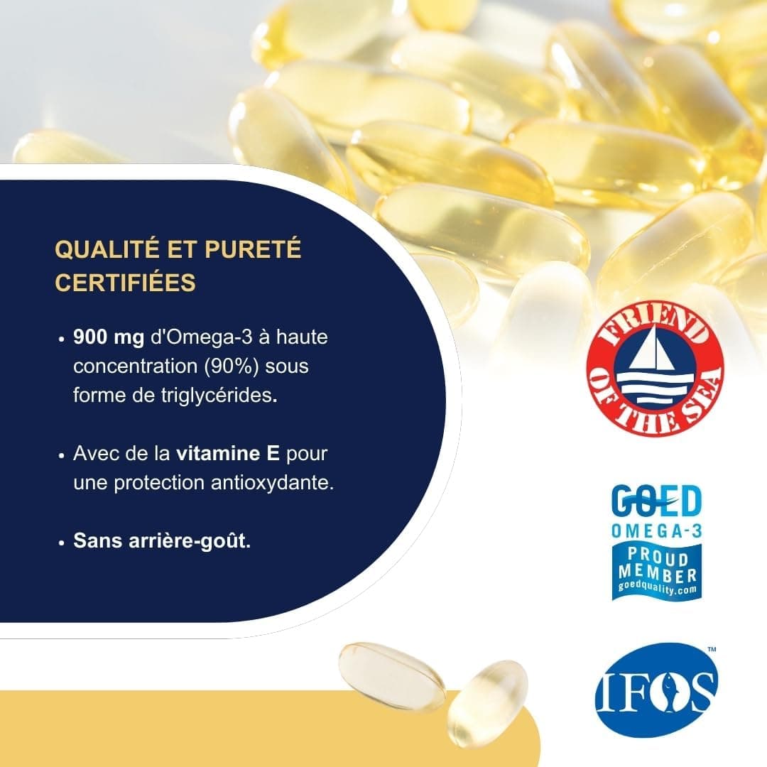 Omegor Vitality 1000 - Supplément alimentaire avec 90% des oméga 3 sous forme de triglycérides - avec de la vitamine E - pour le cœur, la vision et le cerveau en santé - 30 gélules