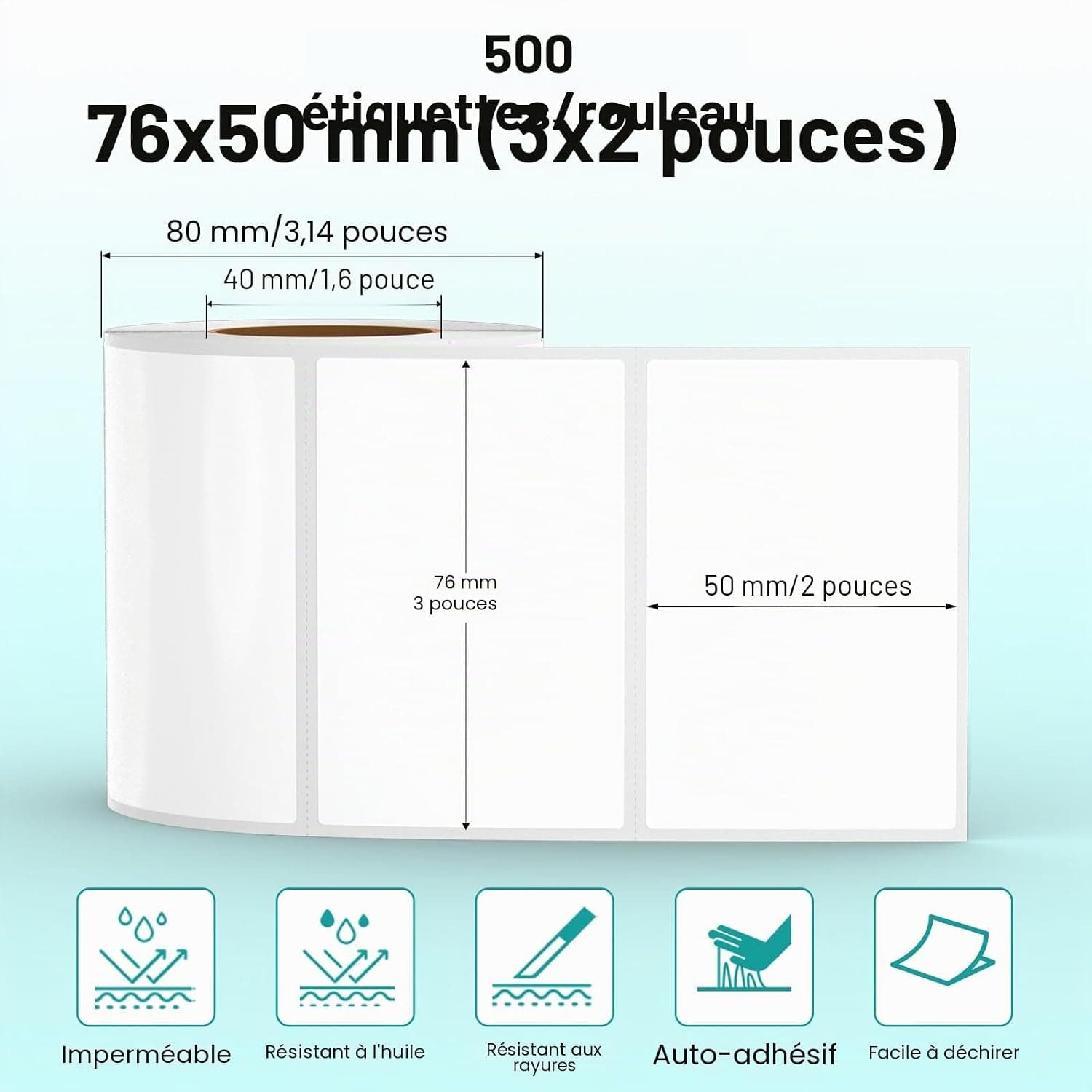 Étiquettes thermiques blanches en vinyle de 50 × 76 mm, rouleau rectangulaire auto-adhésif, adhésif pour adresses, résistant à l'eau, pour nom, code-barres, code QR, DIY, 500 unités