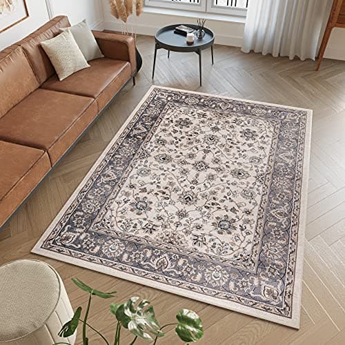TAPISO Colorado Tapis Poil Ras Design Traditionnel Crème Gris Marron Motif Floral Ornamental Bordure Tapis Salon Chambre Bureau Oeko-TEX Résistant 60 x 100 cm