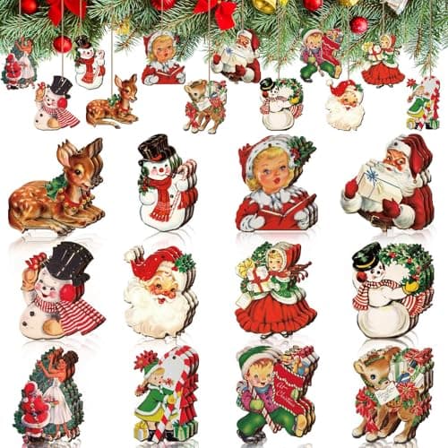 Pendentif de Noël en Bois, 24 Pièces Décoration de Noël, Decoration Noel Bois, Deco Sapin de Noel en Bois, Suspension décoration d'arbre de noël, Fournitures de décoration de fête de Noël