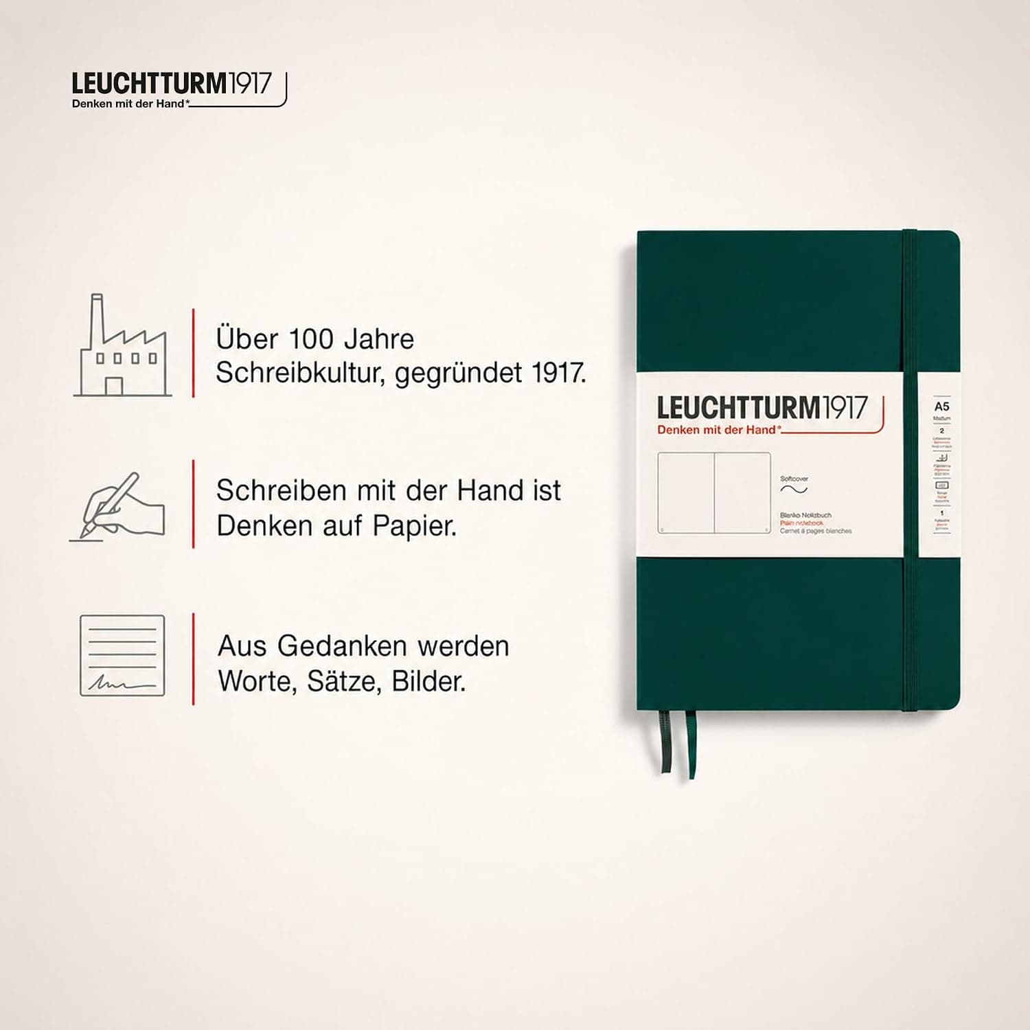 LEUCHTTURM1917 367268 Carnet de notes Medium (A5), Couverture souple, 123 pages numérotées, Forest Green, blanc