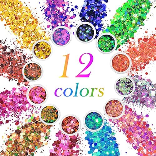 12 Pièces Paillettes Fluorescentes Visage Corps, Holographique Paillettes, Fluorescent Paillette, Paillettes Gel, Paillettes Ensemble pour Ongles, pour Visage, Fluorescent Paillette pour DIY, Corps