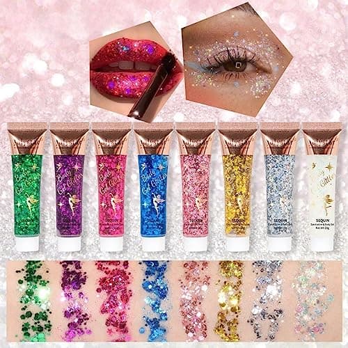 Gel Paillettes Corps, MKNZOME 8 pièces Paillette Visage Festival Maquillage Paillette Visage Gel Paillette Cheveux Glitter Makeup Colle gel Scintillant à Paillettes Longue Durée pour Fête Noël Pâques