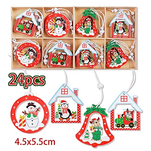 BETESSIN 24pcs Pendentif Noël en Bois Charmes Ornements Décoration Arbre de Noël Suspendus 4 Styles avec 2 Boîtes Décoratives de Fête