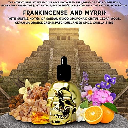 Huile de Barbe Golden Skull - Encens d'Oliban & Myrrhe 60ml - Naturelle & Bio - Adoucit, Revitalise, Met Fin aux Démangeaisons et aux Pellicules de Barbe, Favorise la Croissance et la Densité