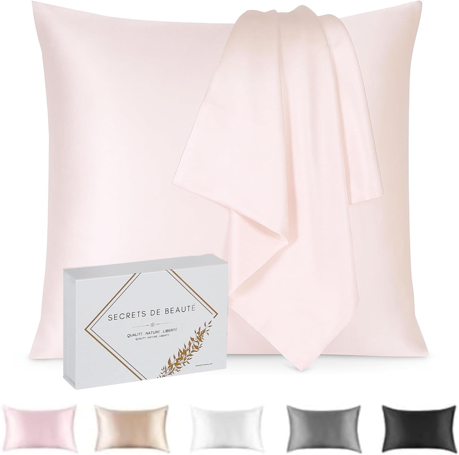 Taie d’Oreiller en Soie de mûrier, 25 mommes, Rose, 65 x 65 cm | 100 % soie de mûrier Grade 6A, 25 mommes : douce et lisse pour limiter les frottements sur la peau et les cheveux.