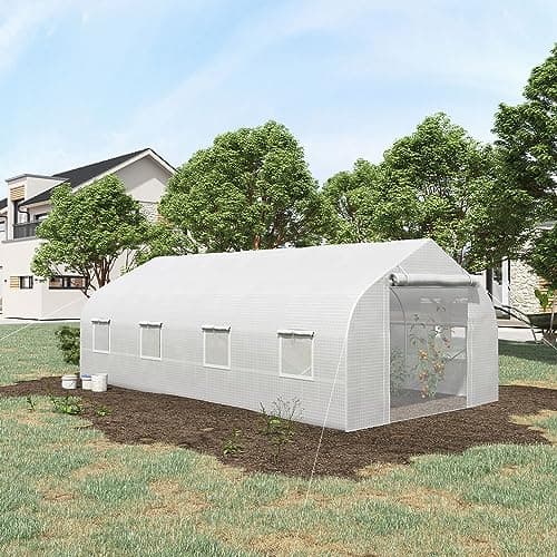 Outsunny Serre de Jardin Tunnel 600 x 300 x 200 cm Porte + 8 fenêtres enroulables métal galvanisé bâche PE Haute densité 140 g/m2 idéale pour Toutes Saisons Blanc