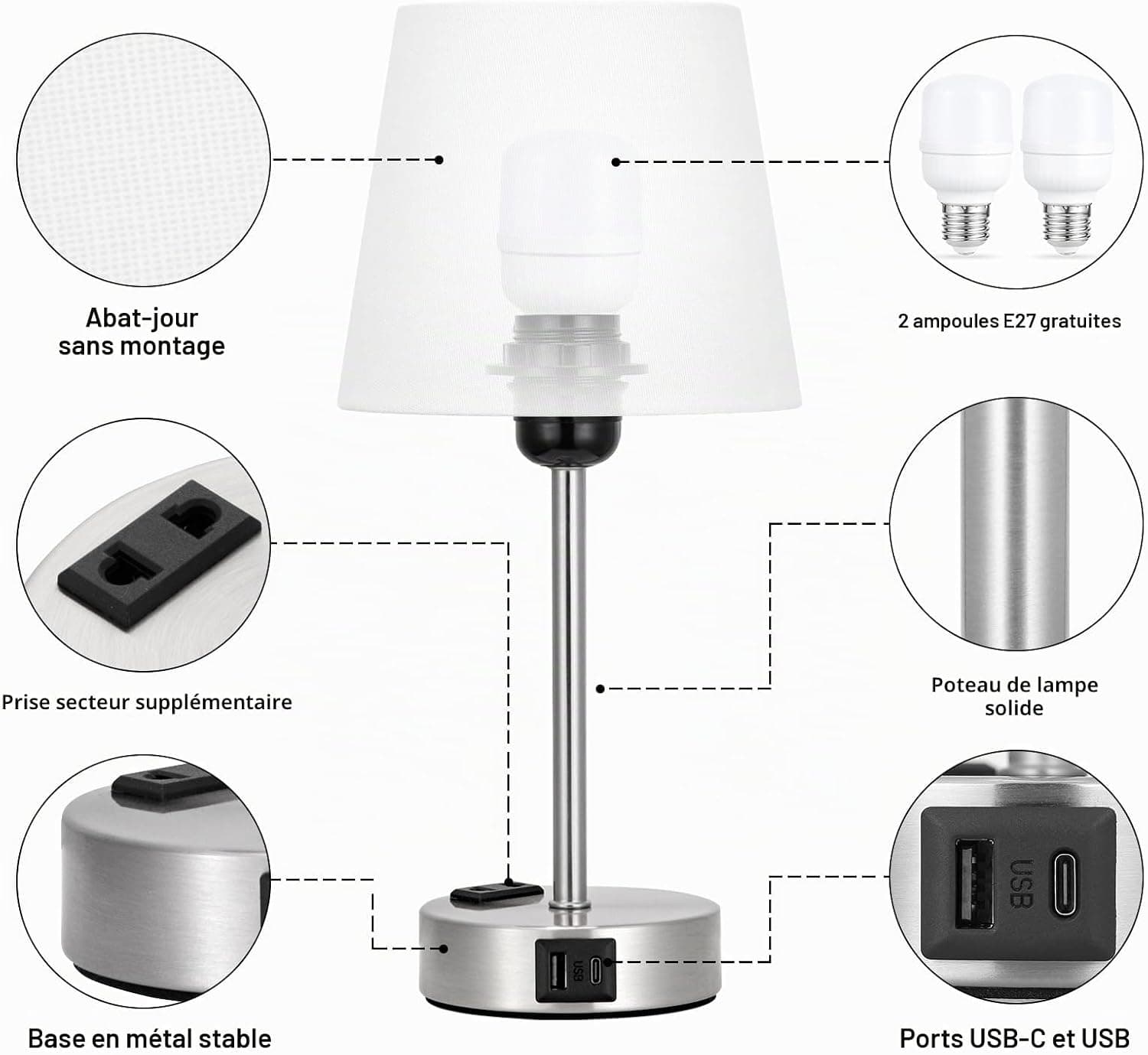 Kakanuo Lampe de Chevet Tactile avec Ports USB-A+C+Prise CA 2 Ampoules, 3 Intensité Variable, Abat-jour en Lin Blanc Base Argentée Givrée, Lampes de Table pour Chambre Salon D'enfant Bureau