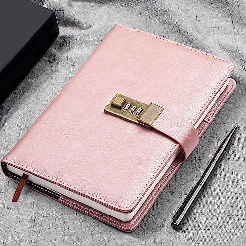 WEMATE Journal Intime Code, A5 Journal en Cuir PU avec 240 Pages, Vintage Diary Avec Serrure,Journal Intime Garçon Fille,Convient aux élèves de Bureau et D'école,8.6 x 5.8 Pouces,Or Rose