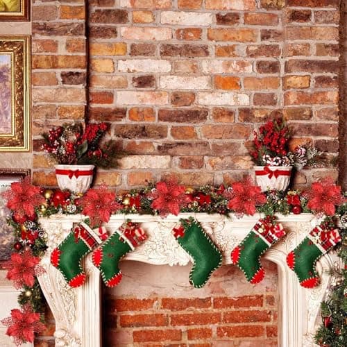 MHMondawn Lot de 18 fleurs de Noël à paillettes avec clips - 12 nœuds - Étoile de Noël - Fleurs - Décoration d'arbre de Noël (paillettes rouges)