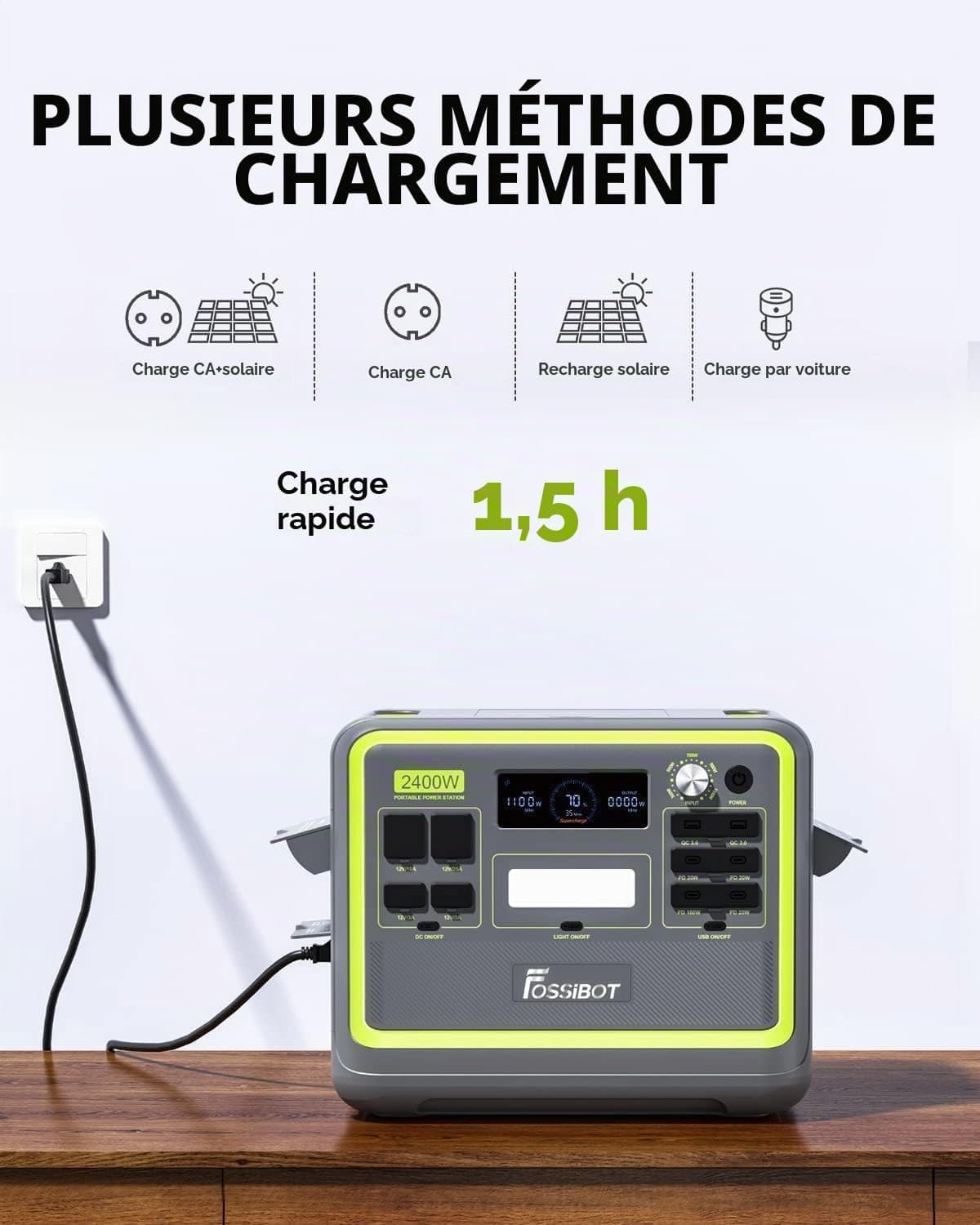 FOSSiBOT Générateur solaire F2400 avec panneau solaire 200 W, batterie LiFePO4 2048 Wh, 230 V 2400 W, sorties 3 AC (crête 4800 W), lavage rapide en 1, 5 heure, station d'alimentation et camping-car,