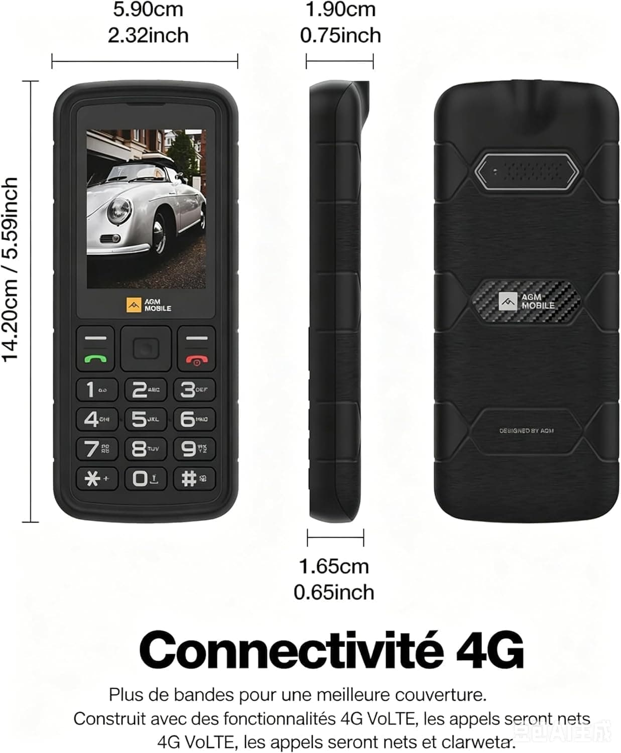AGM M9 4G Téléphone Portable Robuste IP68/IP69K 3 Slot SIM Radio FM 1200mAh | Grandes Touches, Police De Caractères Large, Numérotation Abrégée, 3 Emplacements pour Cartes, Radio FM, Lampe Torche