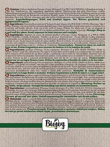 Biojoy Enveloppes de psyllium BIO (500 g), 99% de Pureté, Psyllium husk (Plantago psyllium)