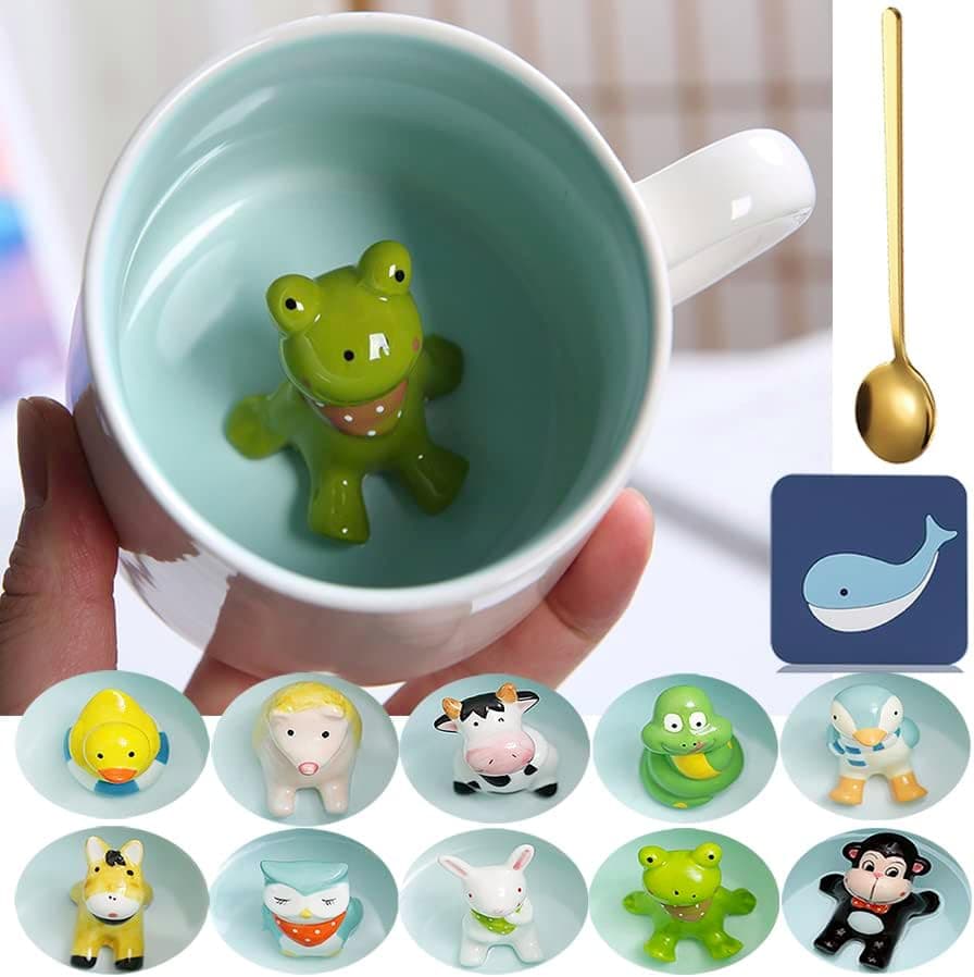 Arawat Mug Rana 3d Animale Regali Con Figura Di Rana All'Interno 350 Ml Tazza Da Tè Con Cucchiaio Sottobicchiere Carino Caffè Tè Tazza Rana Regalo Di Compleanno Per Fidanzati Ragazzi Donne Uomini