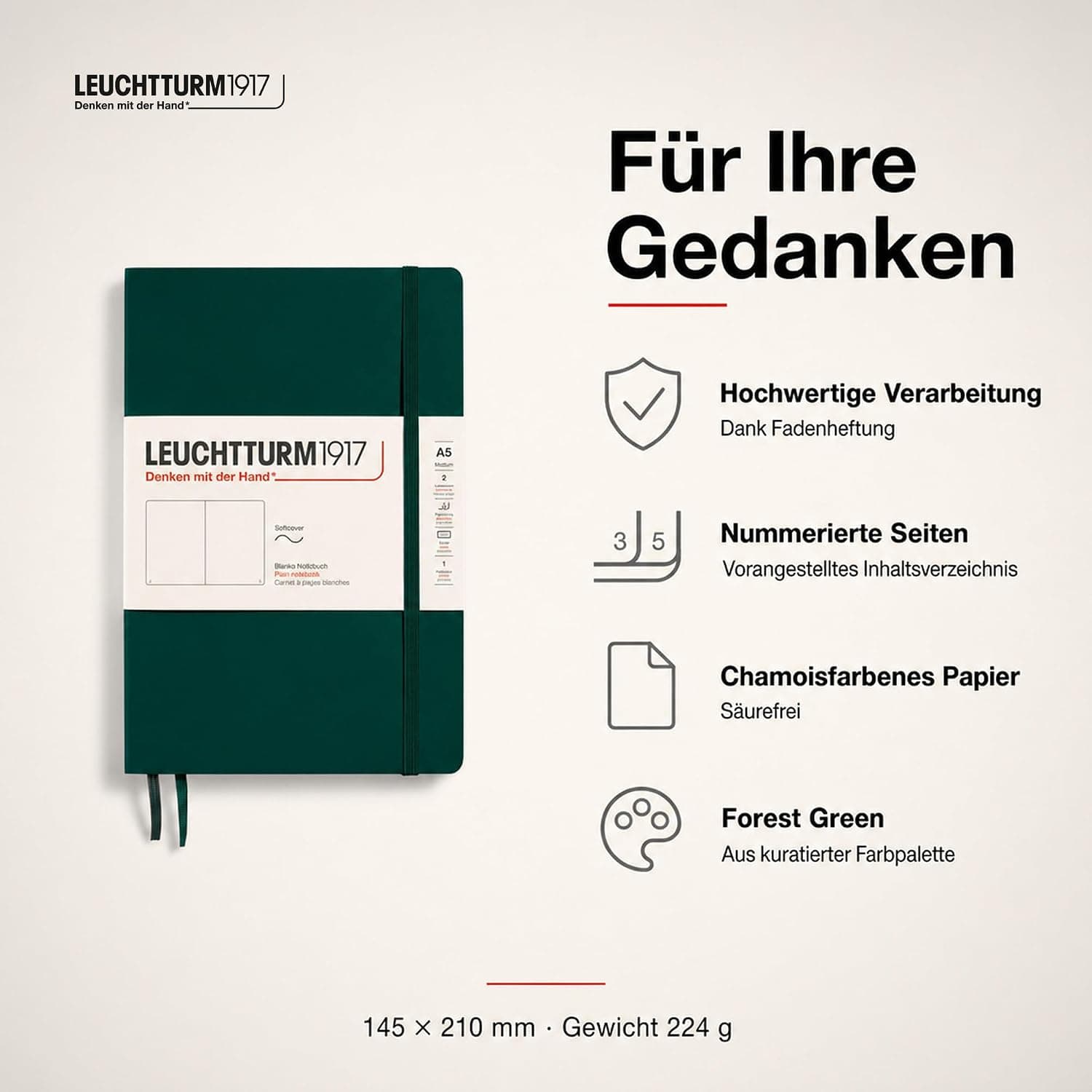 LEUCHTTURM1917 367268 Carnet de notes Medium (A5), Couverture souple, 123 pages numérotées, Forest Green, blanc