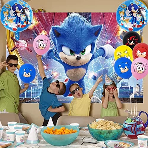 Forhome Sonic Décoration de Fête, 26 PCS Sonic Party Décorations Anniversaire Kit,sonic Photographie Décoration 150 * 100cm,Sonic The Hedgehog Ballon pour Enfants Décorations de Fête