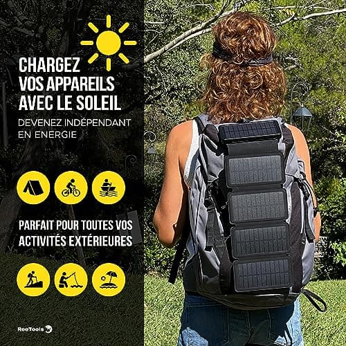 Batterie Externe Solaire avec 5 Panneaux Pliables, Câble Universel 3en1 & Lampe LED. Kit pour Randonnée Camping Survie. Power Bank, Alimentation Nomade pour Smartphone et Autres, idéal Survivalisme