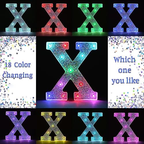Beality Lettres Lumineuses LED 18 Couleurs Changeantes 26 Lettres de l'alphabet Brillantes à Paillettes Cadeaux Pour Filles et Femmes Anniversaire Noël Chambre à Coucher Fête Décoration (X)