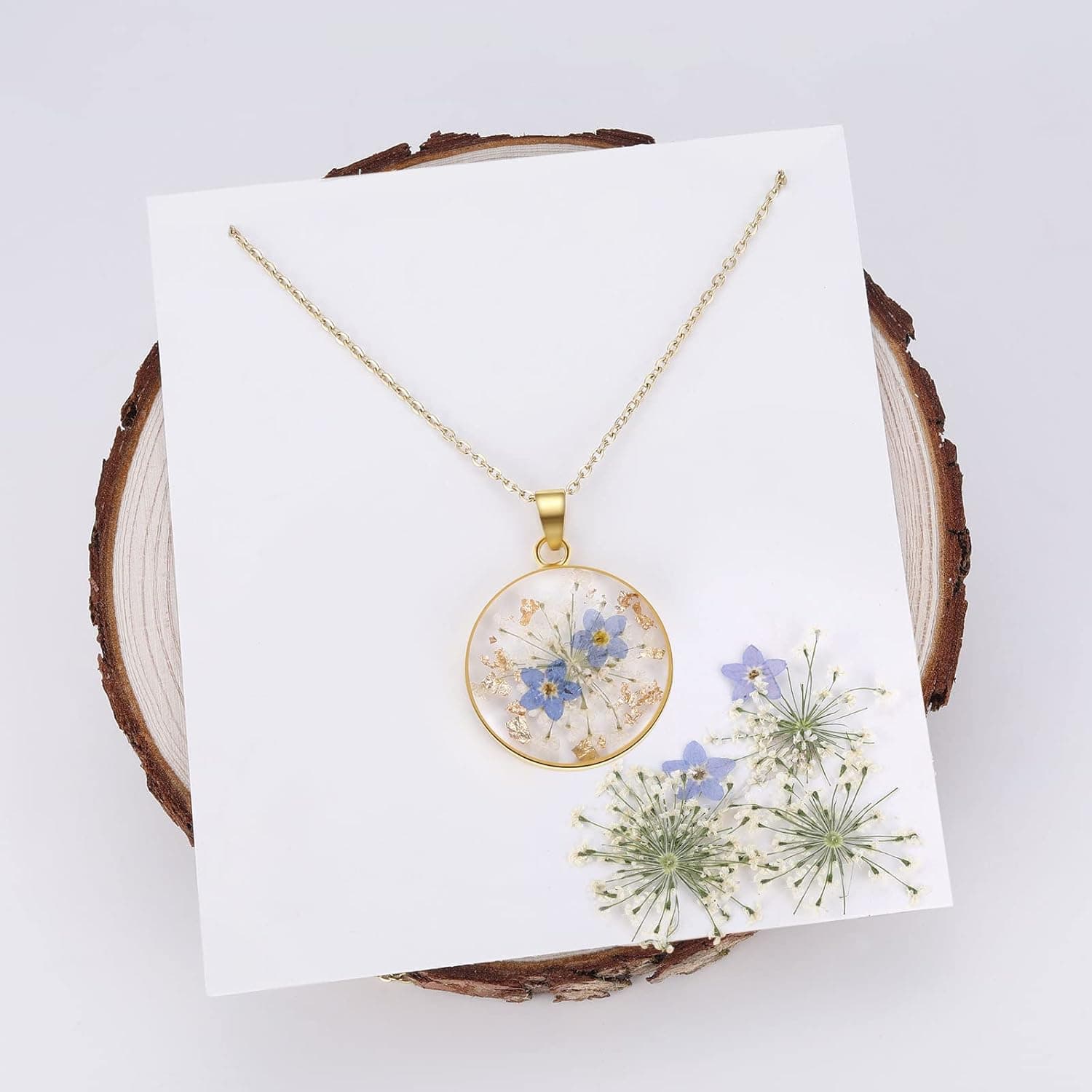 Collier Myosotis en fleurs sauvages pressées | Collier Fleurs de naissance | Bijou fleurs pressées or/argent | Bijou vintage | Cadeau pour elle