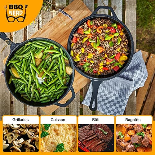BBQ-Nerd© Cocotte 3,5 l avec fonction 2 en 1 | Ensemble de cuisine : marmite pour cuisinière, four et barbecue avec poêle | casserole en fonte