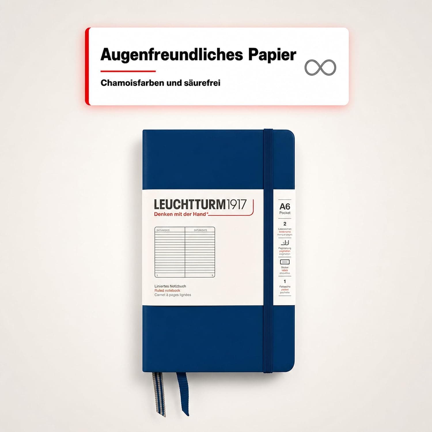 Leuchtturm1917 342918 Carnet Pocket A6 Ligné 185 pages numérotées Bleu marine