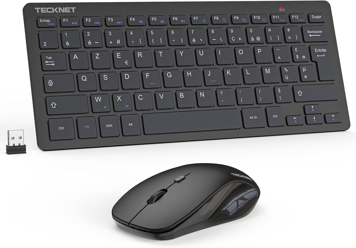 TECKNET Clavier et Souris sans Fil France AZERTY, 2.4G Silencieux, Noir | Récepteur Nano USB, 12 Raccourcis Multimédia, pour Ordinateur, PC, Ordinateur Portable, Ordinateur de Bureau
