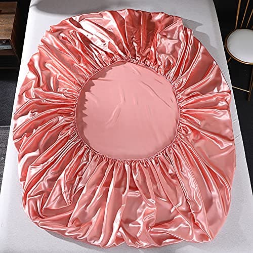 Ensemble 4 Pièces de Draps de Lit en Satin Couleur Unie 1 x Drap Housse 180x200 cm 2 Personnes avec Grand Bonnet de 35 cm, 1 x Drap Plat et 2 x Taie d'oreiller, Corail