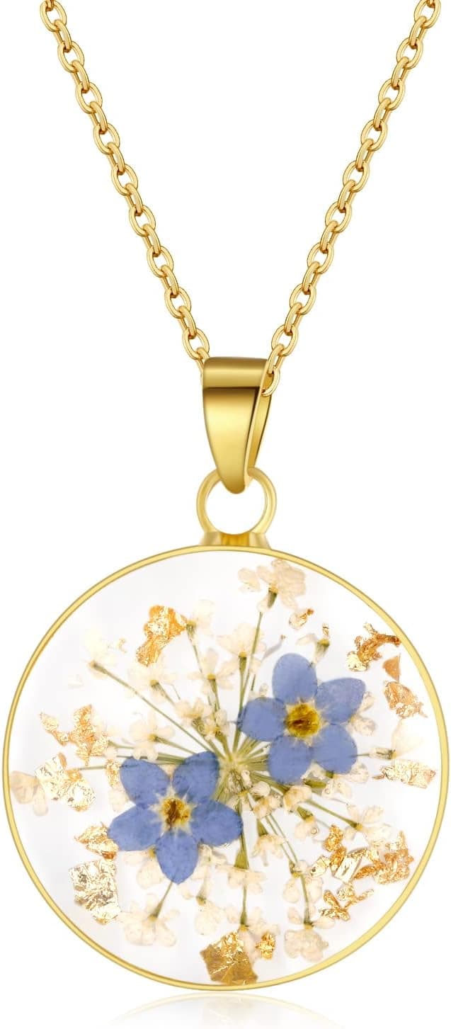 Collier Myosotis en fleurs sauvages pressées | Collier Fleurs de naissance | Bijou fleurs pressées or/argent | Bijou vintage | Cadeau pour elle
