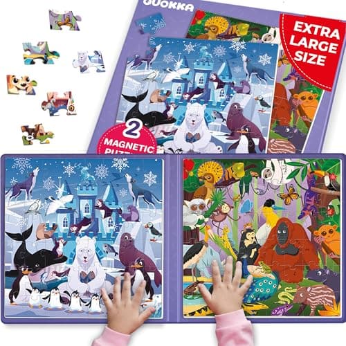 Quokka Puzzle Magnétiques Enfant de 3 à 5 Ans - 2x48 Pièces Jeux Puzzle de Voyage pour Enfants 4 6 Ans - Polaires et Jungle Animaux d'apprentissage Jouet d'Activités de Voiture pour Enfants 2 4 Ans