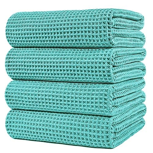 Polyte - Lot de 4 Serviettes de Bain en Microfibres - sèche Rapidement/ne Peluche Pas - Tissu alvéolé - Aqua - 152,4 x 76,2 cm