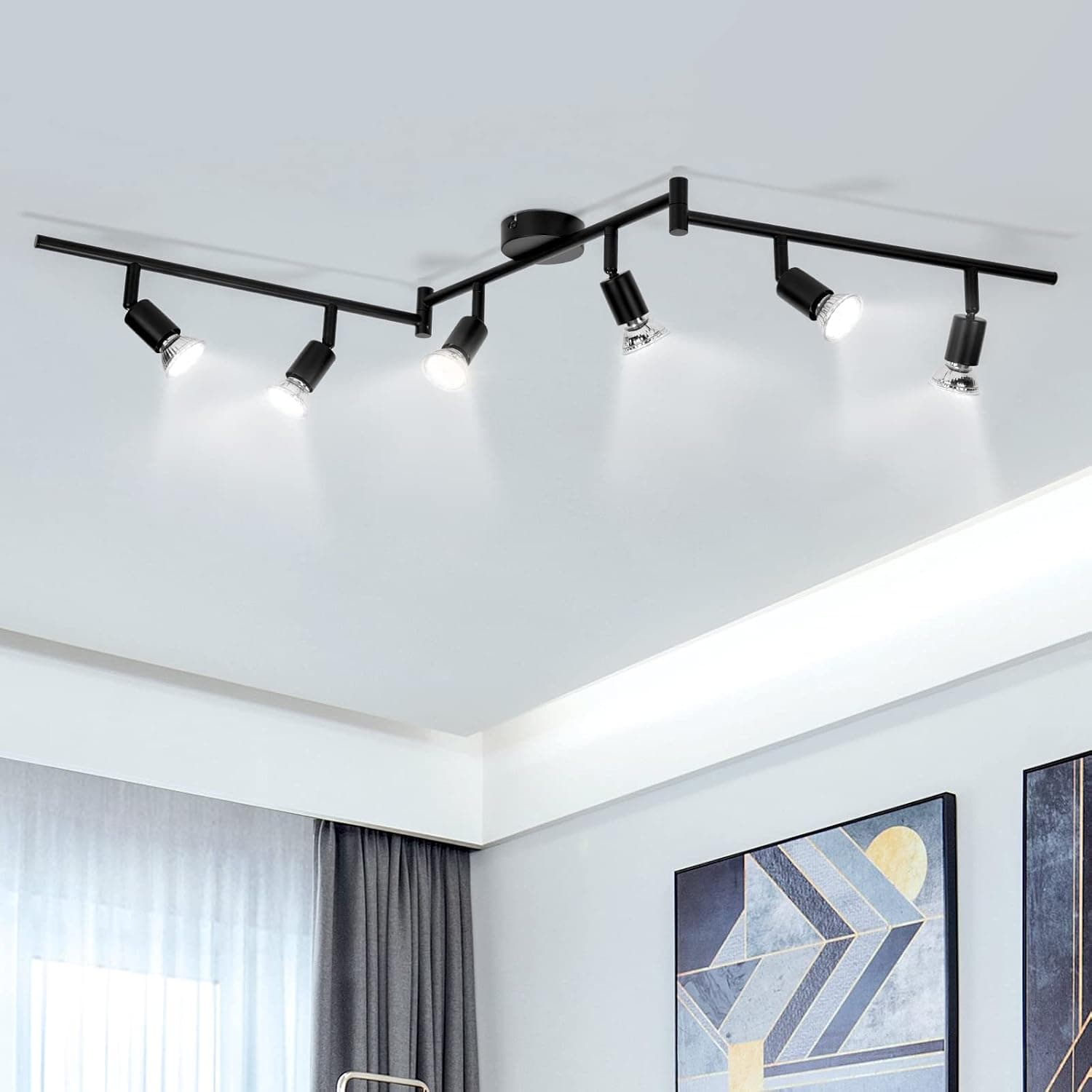 wowatt Plafonnier 6 Spots LED Noir avec GU10 5W Blanc Froid 6000K Ampoules | Moderne Rampe Interieur Plafond Orientable, Rail Luminaire Plafonnier Spot pour Chambre Salon Salle à Manger Cuisine Couloir