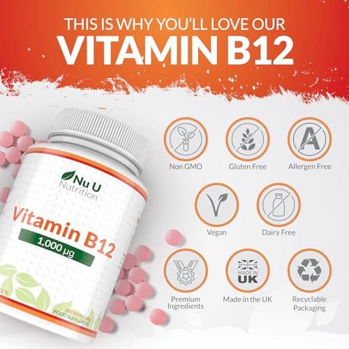 Vitamine B12 1000μg - Puissance Élevée de B12 Méthylcobalamine - 180 Comprimés Végétaliens (Approvisionnement pour 6 Mois) - Nu U Nutrition