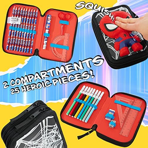 Marvel Trousse Scolaire Garcon, Trousse Compartiments Garnie Fourniture Scolaire, Feutre, Crayon de Couleur, Cadeau Spiderman Avengers Rentrée Scolaire Primaire (3D Spiderman)