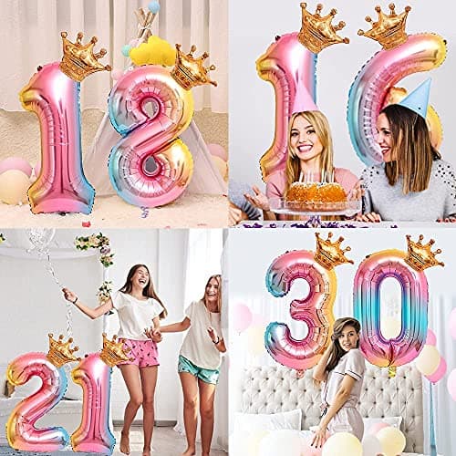 Ousuga Ballon de numéro de feuille d'hélium, ballons de numéro de dégradé arc-en-ciel de 32 pouces avec couronne pour anniversaire, décorations de fête d'anniversaire (# 9)