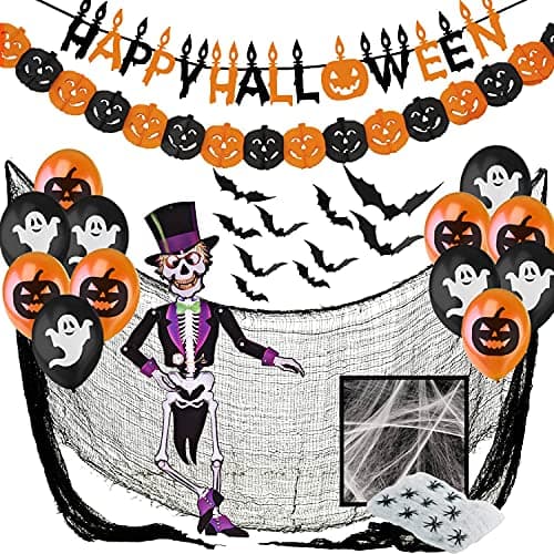 Jonami Deco Halloween Decoration Halloween XXL - Banderole Banniere Happy Halloween, Guirlandes Citrouilles, Ballons, Toile d’Araignees, Chauve-Souris 3D, Squelette Articule, Tissu Effrayante Noir