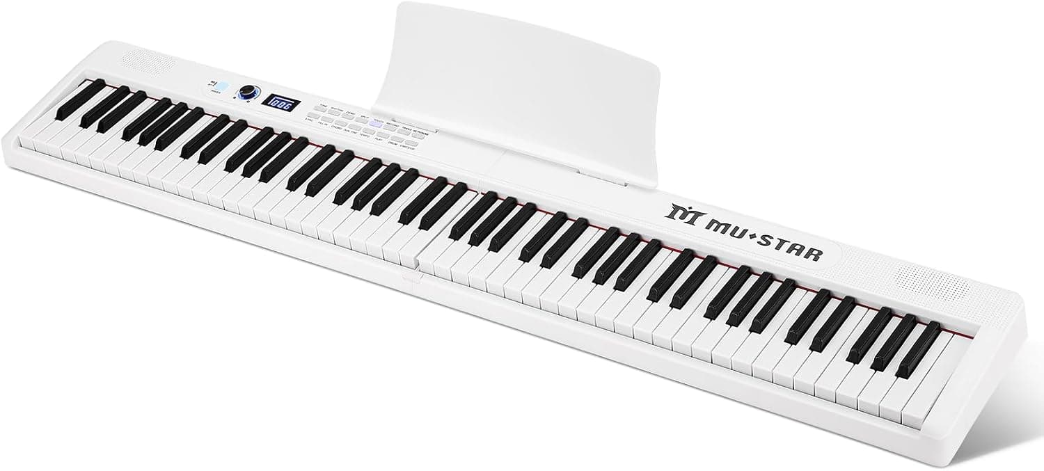 MUSTAR Piano numérique pliable 88 touches avec touches éclairées, piano numérique semi-poids, piano électronique portable avec Bluetooth, MIDI, pédale de sustain, casque pour débutants, blanc