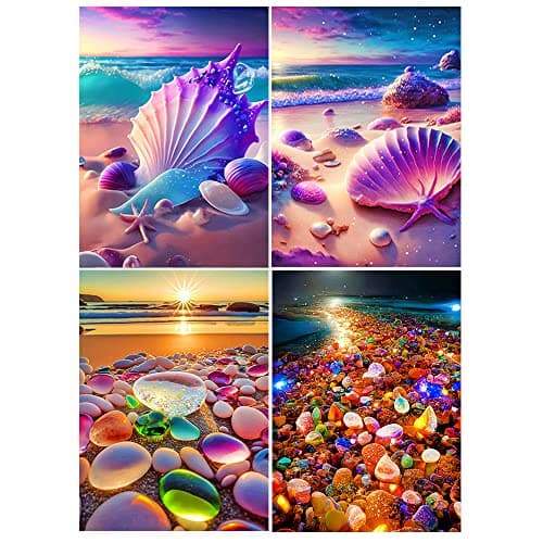 DCIDBEI 4x 3D AI Peinture Diamant Paysage Plage 40x50 cm Diamond Painting Plage et Mer Diamond Painting Paysage Bord de Mer Diamond Painting Coquillage Diamond Painting Fluorescent Pierres