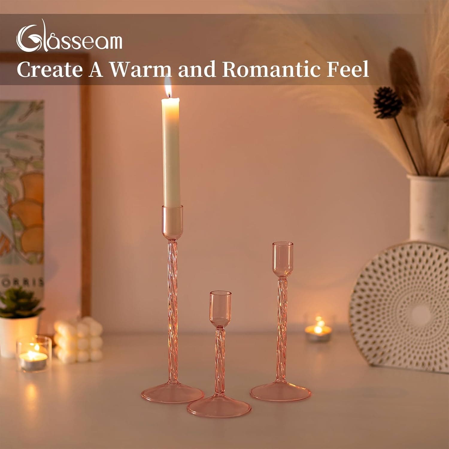 Glasseam Porte-Bougies en Verre Rose : Bougeoirs Modernes pour Le Salon et La DéCoration D'IntéRieur : Lot De 3 Bougeoirs DéCoratifs
