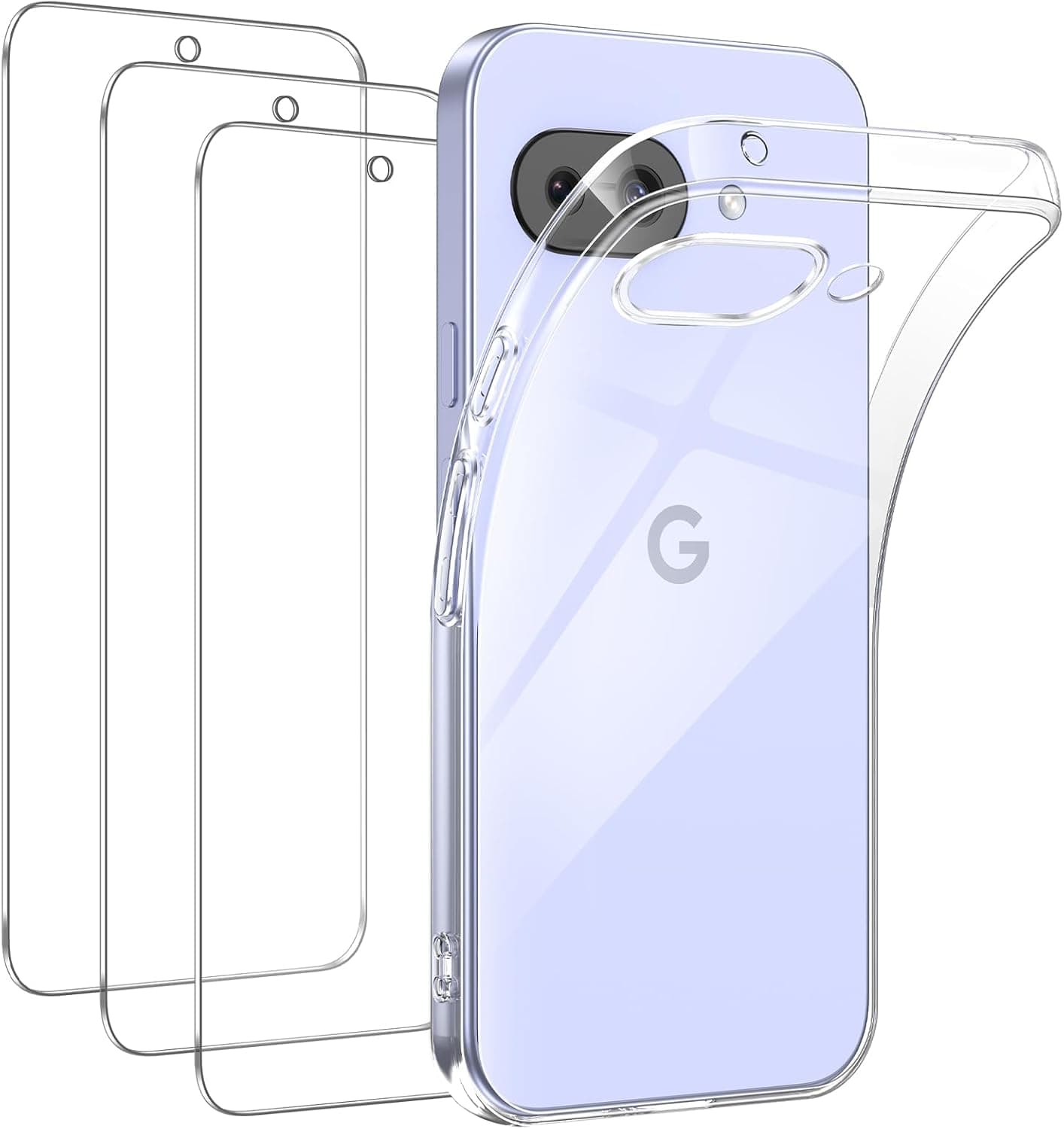 FLLAO Coque Compatible avec Google Pixel 9a Transparente avec 3 Verre trempé Protection écran, Souple Silicone Mince Étui Protection Bumper Housse TPU Téléphone Pixel 9a Cover