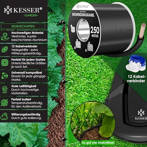 KESSER® Câble de délimitation de 250 m + 12 connecteurs de câble pour Robot Tondeuse à Gazon, kit d'accessoires Universel pour câble de Recherche Compatible avec Gardena, Bosch, Worx, Einhell, Honda,