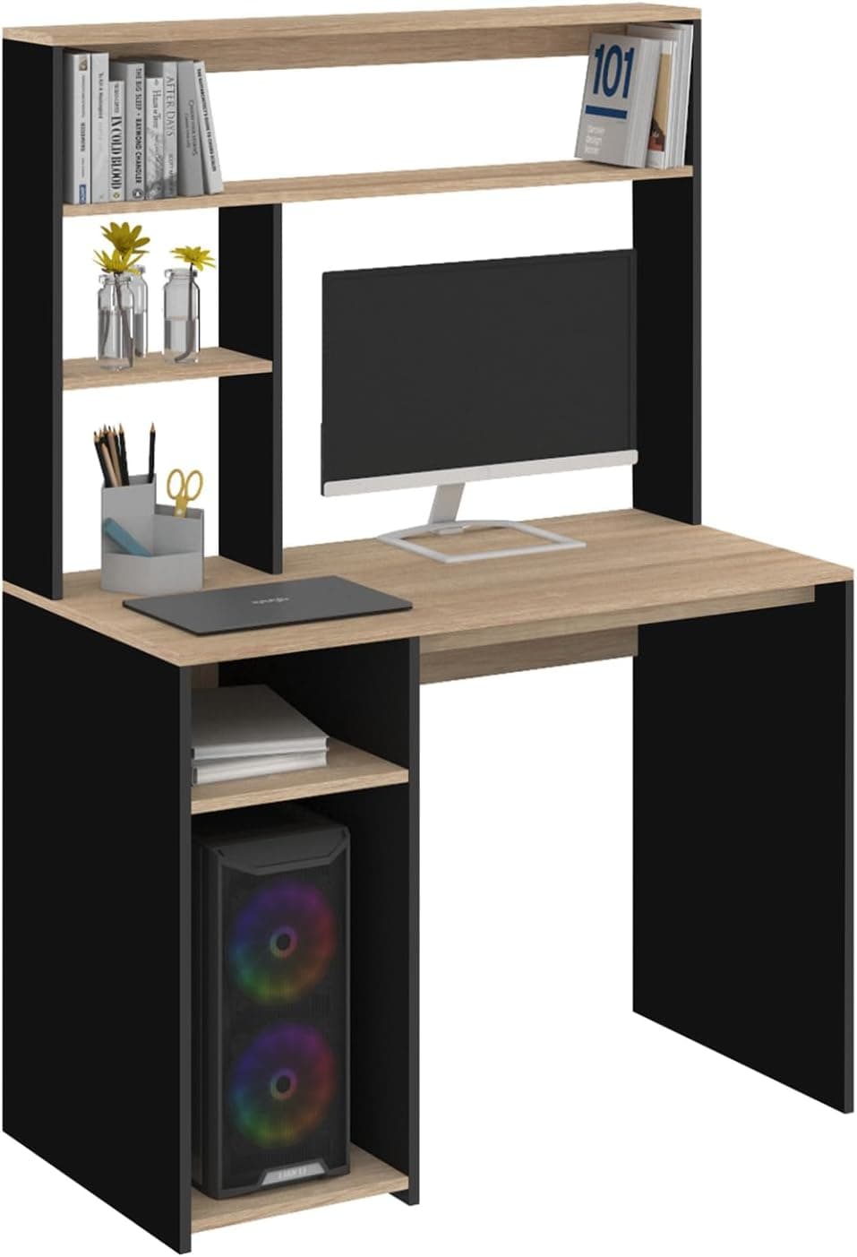 IDMarket - Bureau avec étagères de Rangement DAN Noir et façon hêtre