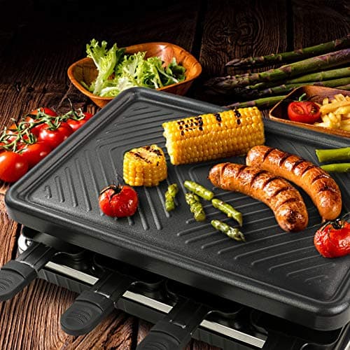 Appareil à Raclette per 8 Persone Grill Électrique de Table Plaque de Cuisson Portatile Grillles Barbecue Machine con 8 Mini Poëlons e 4 Spatole in Legno Plancha Grille Paques Electrique 1300W