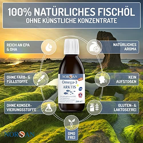 NORSAN Premium Omega 3 Huile de foie de morue de l'Arctique 200ml / 2000mg d' oméga-3 par dose journalière/huile de poisson 480mg EPA & 720mg DHA/oméga 3 huile issue de la pêche durable