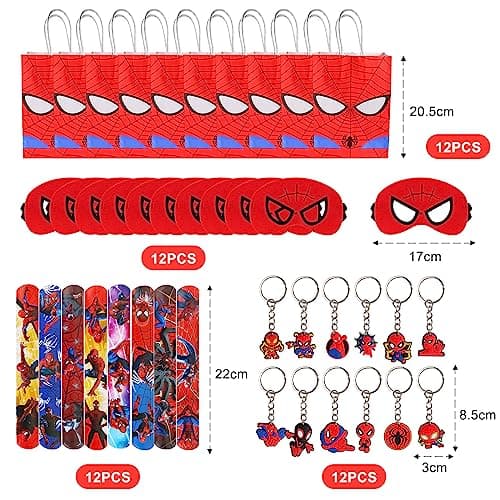 48 Pièce Spiderman Party Cadeaux, Sac Cadeau Anniversaire Enfant Spiderman, 12 Porte-clés Spiderman, 12 Sacs Cadeaux Spiderman, 12 Masques en Feutre Spiderman, 12 Slap Bracelets à Claquer Spiderman
